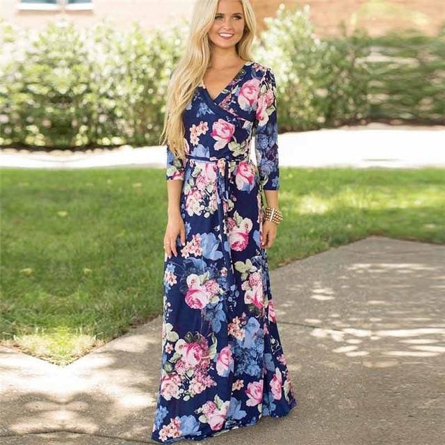 Women Summer Floral Print Maxi Dress Boho Style Long Beach Dress - SunLify