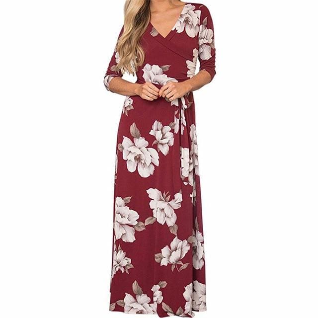 Women Summer Floral Print Maxi Dress Boho Style Long Beach Dress - SunLify