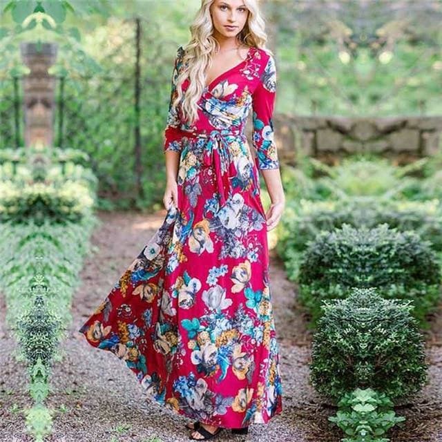 Women Summer Floral Print Maxi Dress Boho Style Long Beach Dress - SunLify