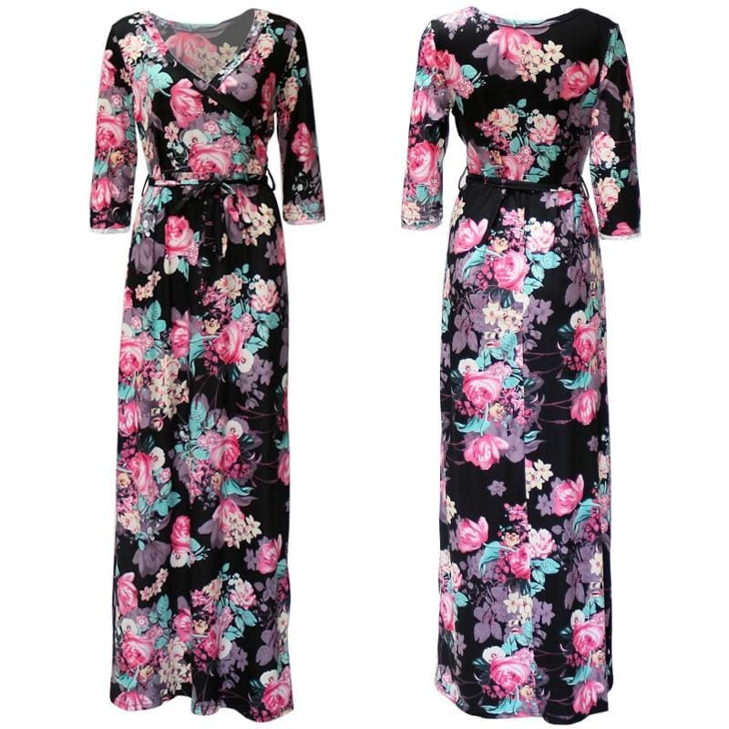 Women Summer Floral Print Maxi Dress Boho Style Long Beach Dress - SunLify