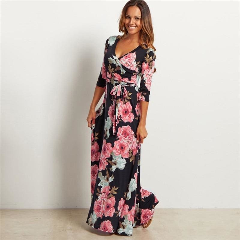 Women Summer Floral Print Maxi Dress Boho Style Long Beach Dress - SunLify