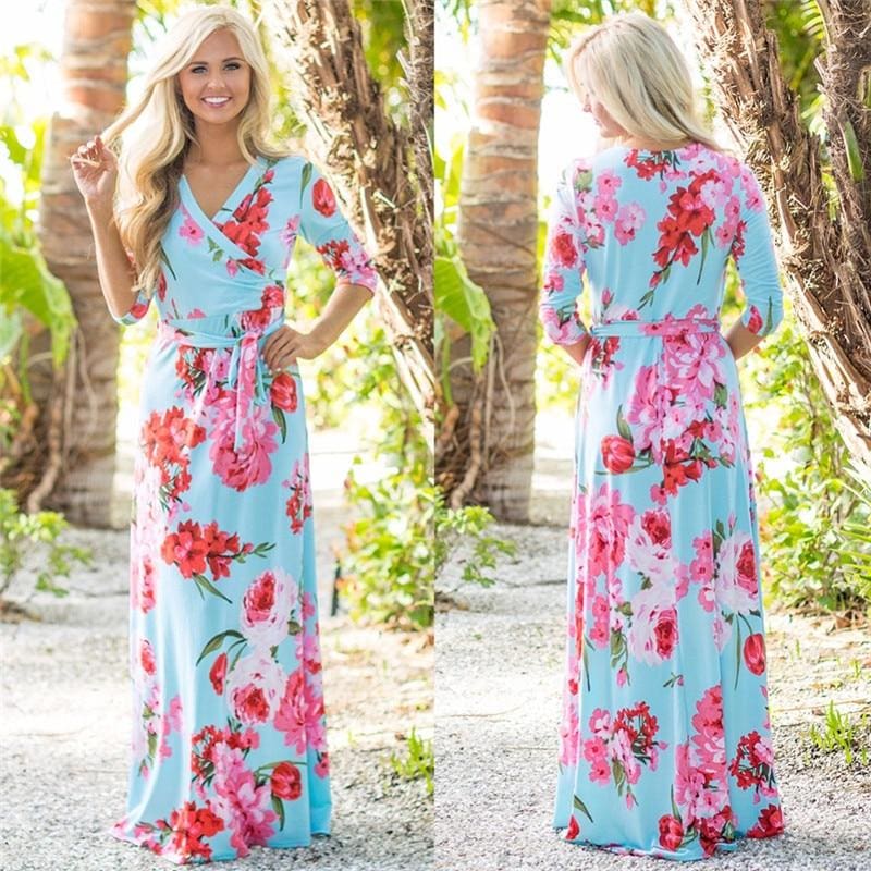 Women Summer Floral Print Maxi Dress Boho Style Long Beach Dress - SunLify