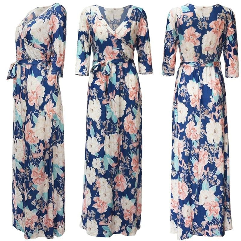 Women Summer Floral Print Maxi Dress Boho Style Long Beach Dress - SunLify