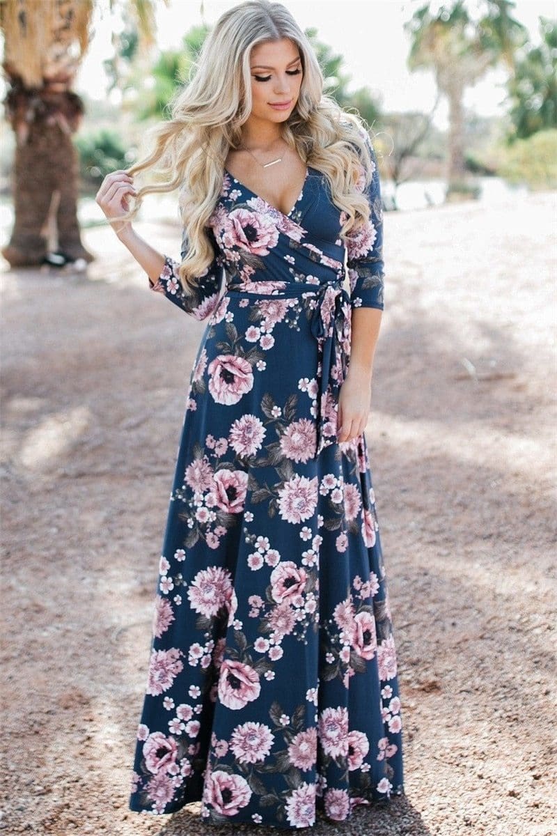 Women Summer Floral Print Maxi Dress Boho Style Long Beach Dress - SunLify