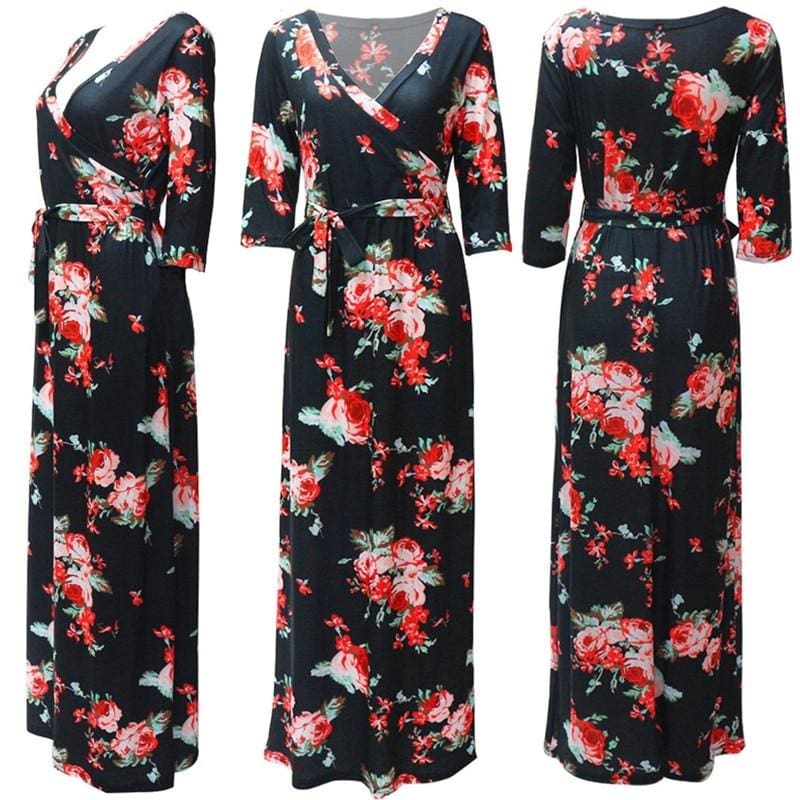 Women Summer Floral Print Maxi Dress Boho Style Long Beach Dress - SunLify