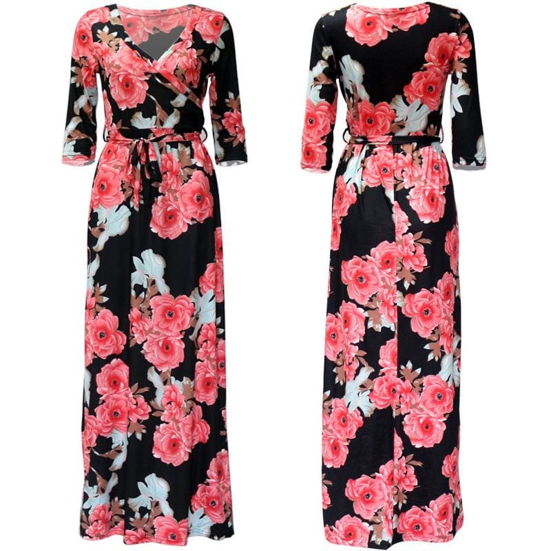 Women Summer Floral Print Maxi Dress Boho Style Long Beach Dress - SunLify