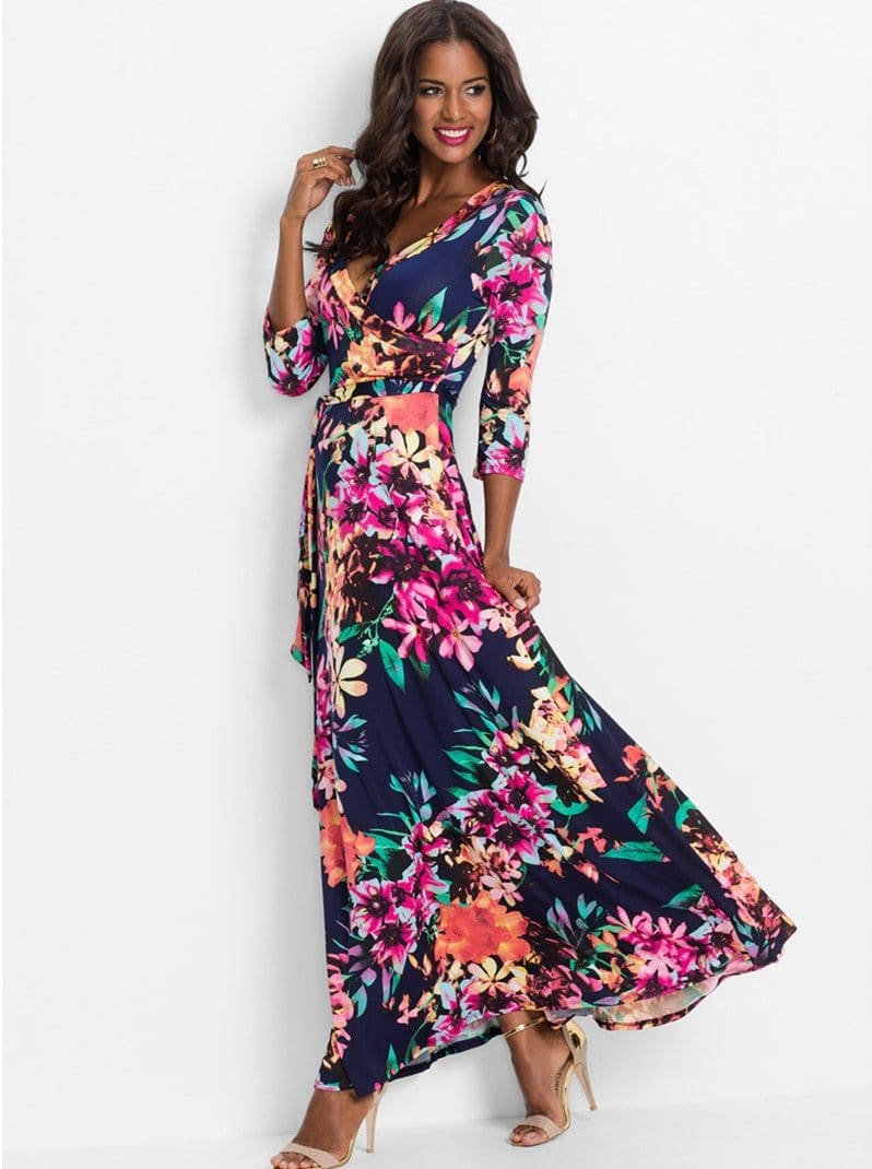 Women Summer Floral Print Maxi Dress Boho Style Long Beach Dress - SunLify