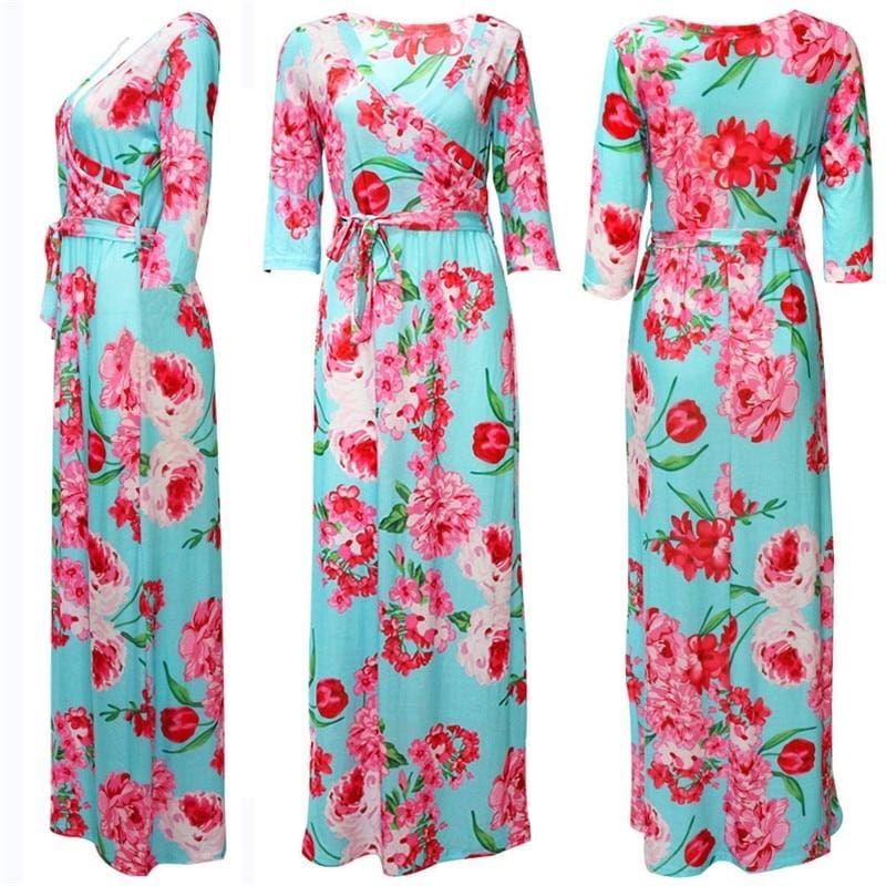 Women Summer Floral Print Maxi Dress Boho Style Long Beach Dress - SunLify