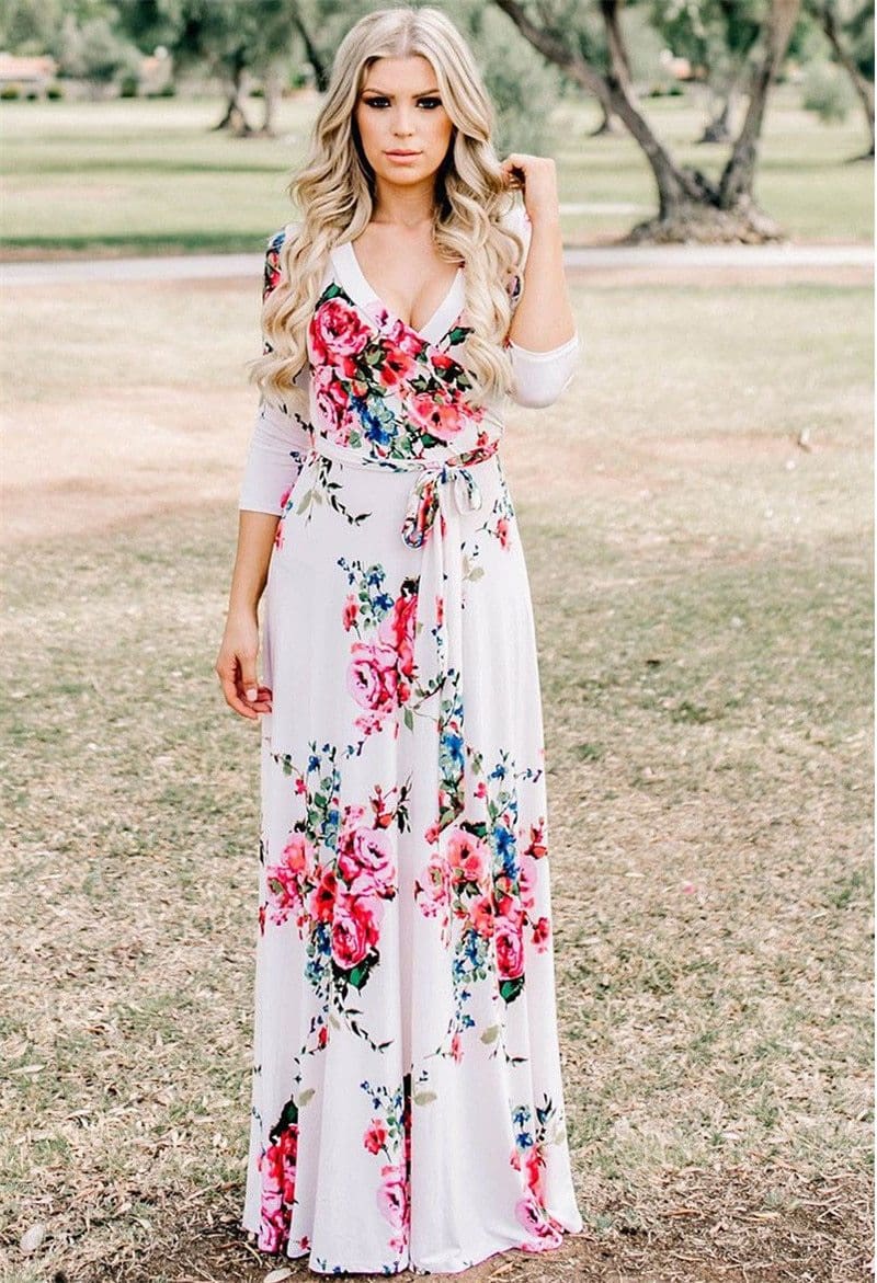 Women Summer Floral Print Maxi Dress Boho Style Long Beach Dress - SunLify