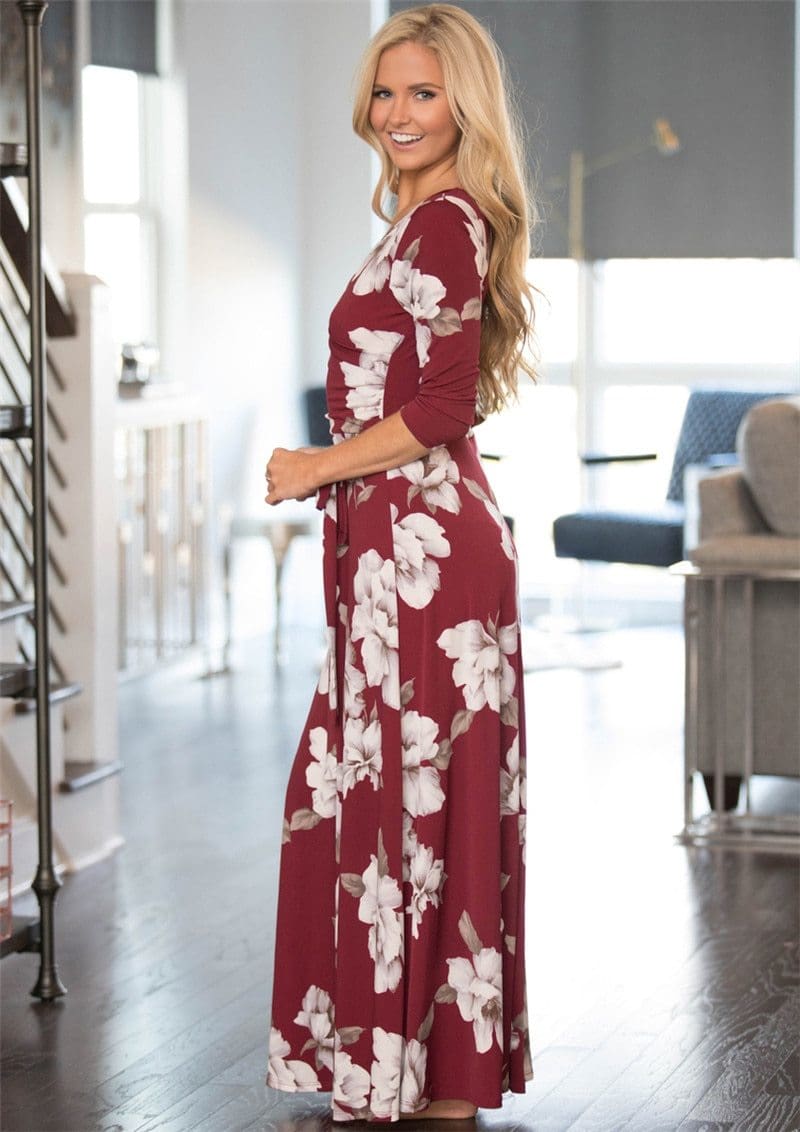 Women Summer Floral Print Maxi Dress Boho Style Long Beach Dress - SunLify