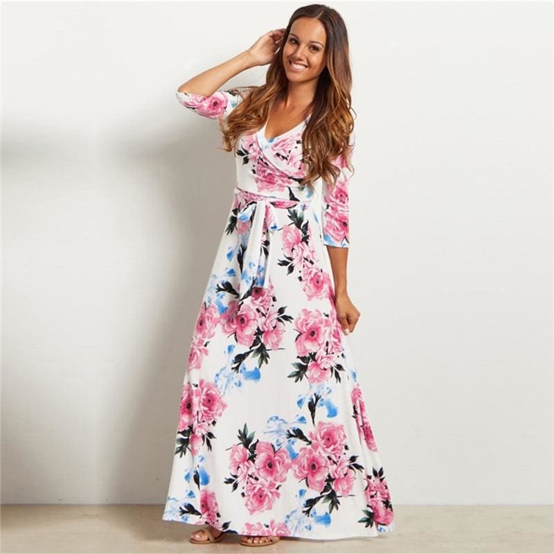 Women Summer Floral Print Maxi Dress Boho Style Long Beach Dress - SunLify