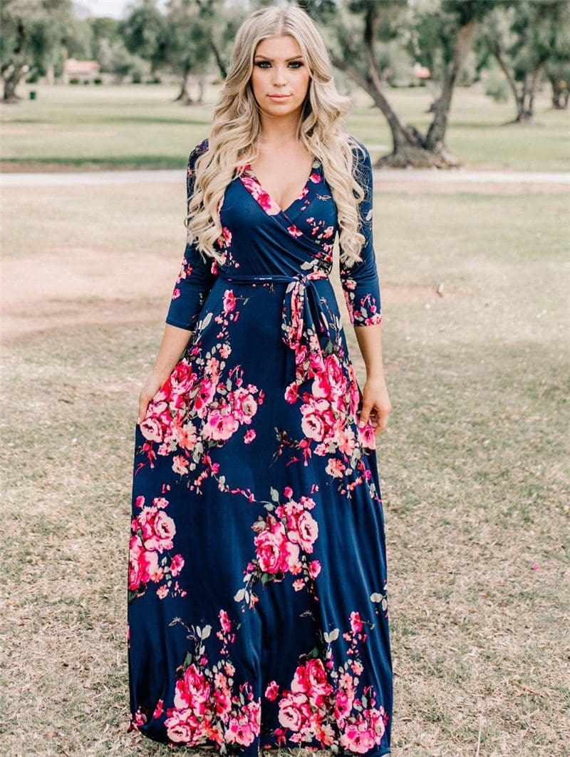 Women Summer Floral Print Maxi Dress Boho Style Long Beach Dress - SunLify