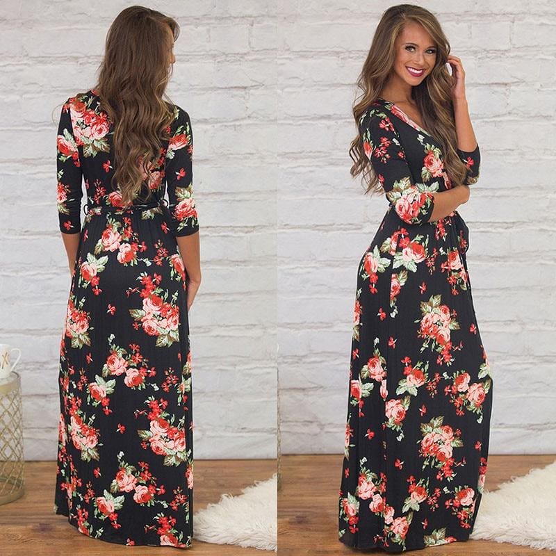 Women Summer Floral Print Maxi Dress Boho Style Long Beach Dress - SunLify